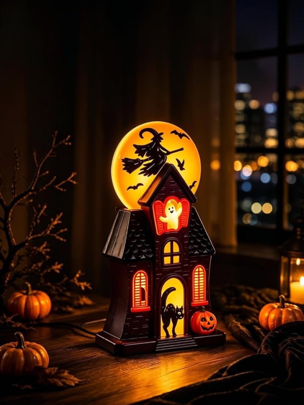 New Halloween Haunted House LED Tabletop Lamp USB Witch Ghost Resin Decor